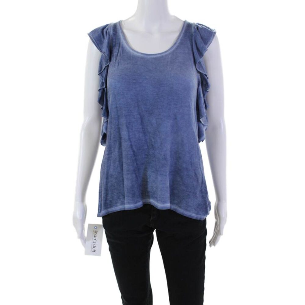Red Haute Womens Ruffle Trim Round Neck Pullover Tank Top Blouse Blue Size S
